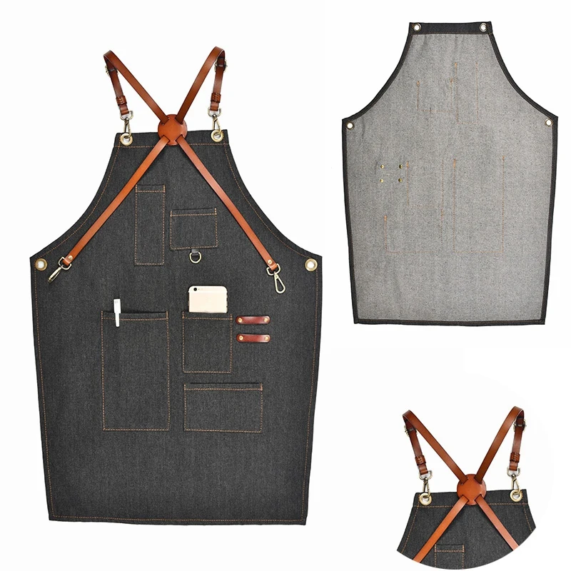 ALIM HOT Aprons Denim Leather Simple Uniform Unisex Adult Jeans Aprons For Woman Men Male Lady'S Kitchen Barber Cooking Pinafo