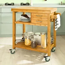 SoBuy FKW26-N Bamboo Storage Trolley Serving Trolley Kitchen Cart 2 Drawers and Shelves food serving trolley for indian marriage halls