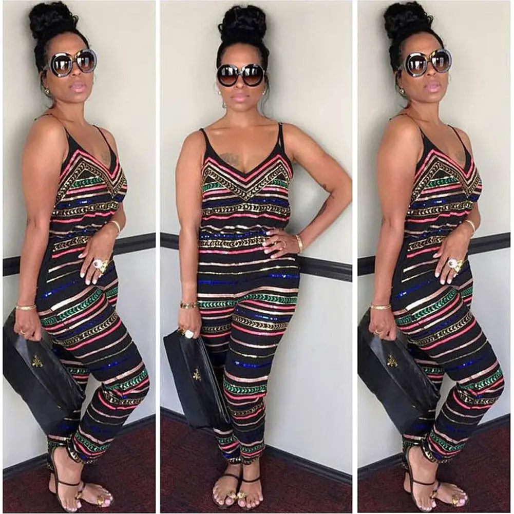 

Plus Size Fashion Women Laides Stripe Sleeveless V-neck Romper Trousers Holiday New Summer Beach Print Jumpsuit