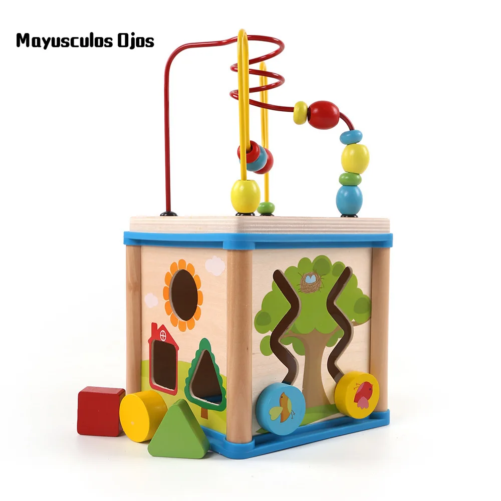 

Early Childhood Children's Wooden Clock Multi-function Round Bead Toy Treasure Chest Four-sided Intelligence Game Beaded Box