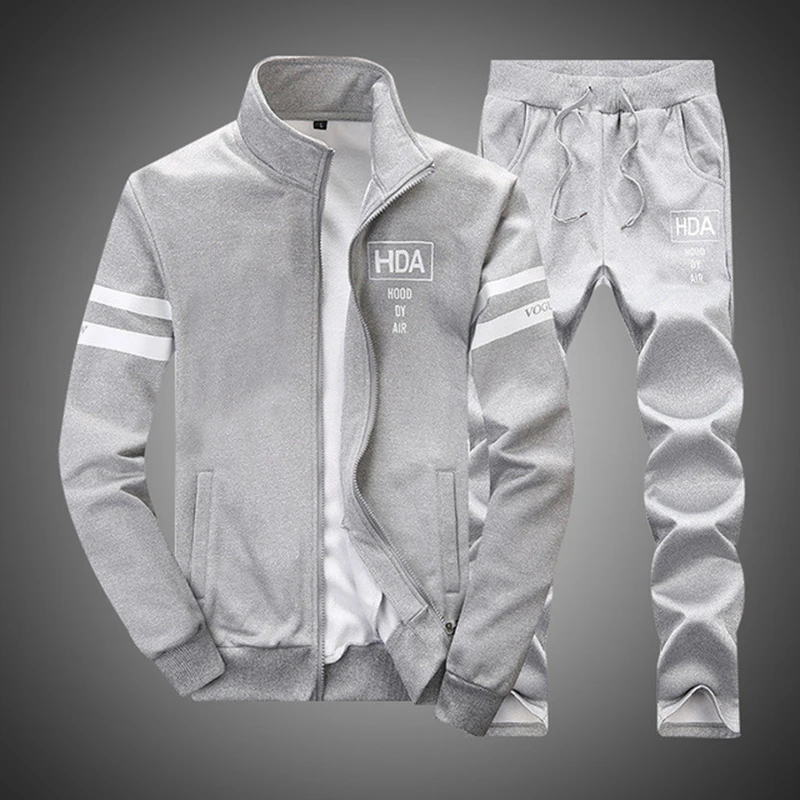 

Sweatshirt Men Tracksuit+Sweatpants Set New 2019 Brand Autumn Winter 2PCS Stand Collar Zipper Fleece Patchwork Casual Hoodie Men