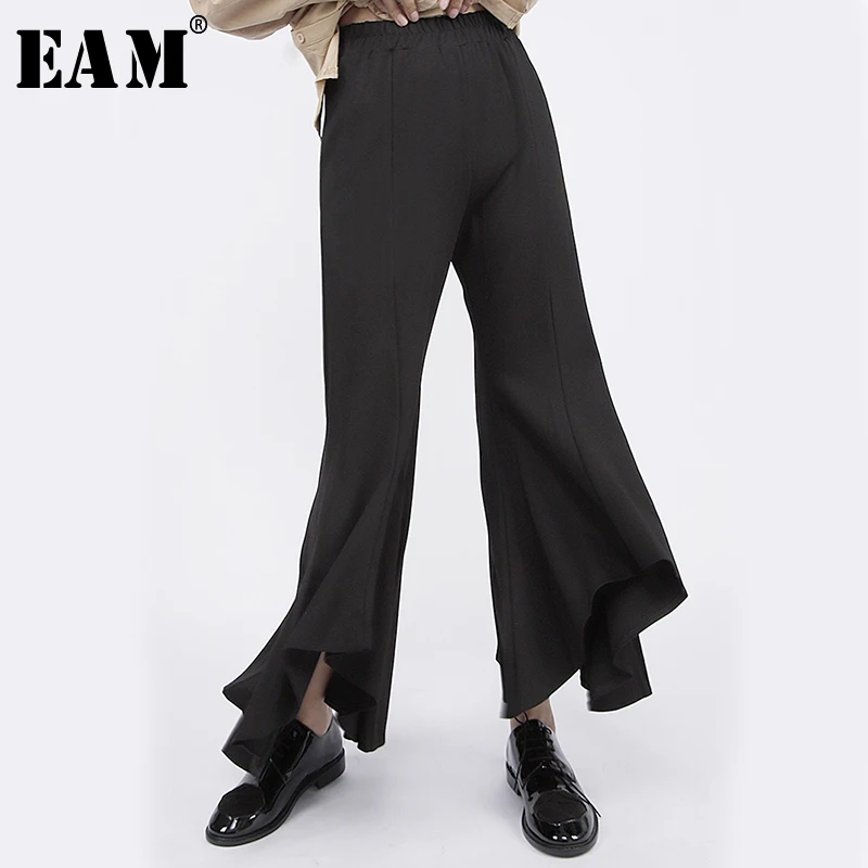 

[EAM] 2019 New Autumn Winter High Elastic Waist black losoe hem irregular cut flare wide leg Pants Women Trousers Fashion JQ450