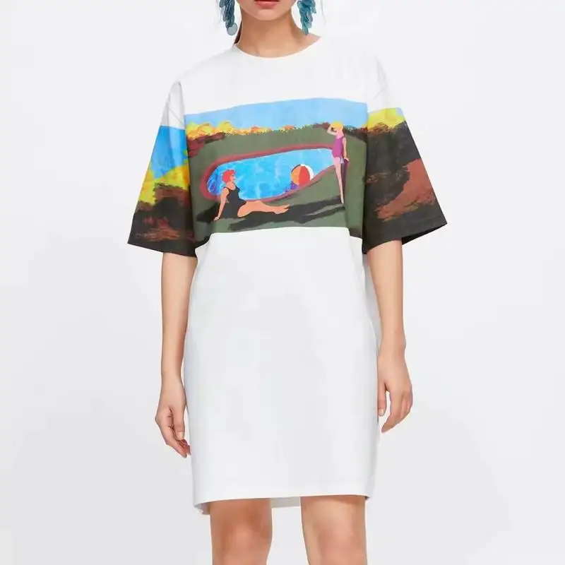 

Women Casual Dress Summer 2019 New Fashion Prints White Cotton Modern Girl O-Neck Above Knee Straight Dresses Feminino Vestidos