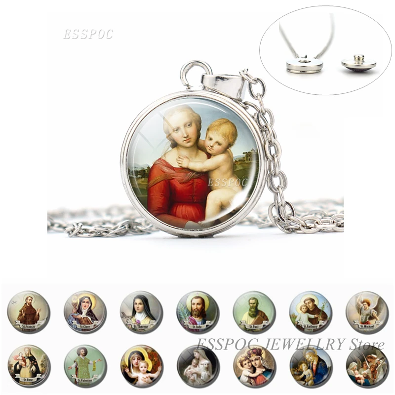 

Son of God Jesus Button Necklace Glass Cabochon Jewelry Angel Pendant Christian Virgin Mary Fashion Silver Pendant Women Gifts