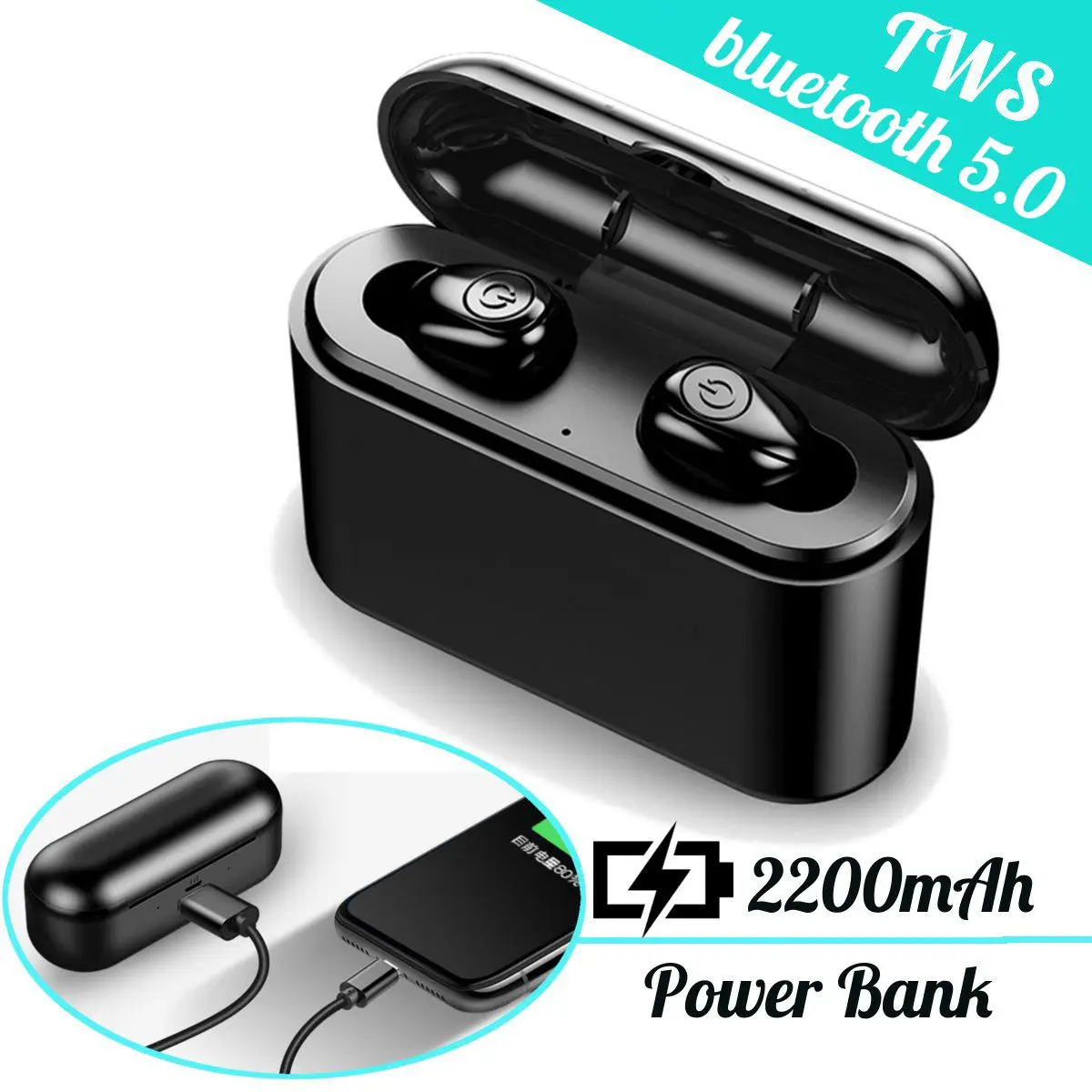 

[bluetooth 5.0] TWS Wireless Earphone CVC8.0 Noise Cancelling IPX7 Waterproof Stereo 2200mAh Charging Box Power Bank