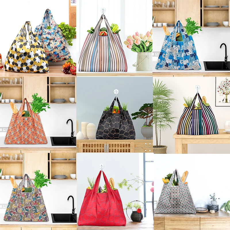 Reusable Shopping Bag Foldable Polyester Large Recycle Vegetable and Fruit Bags Grocery Tote Bag Handbag