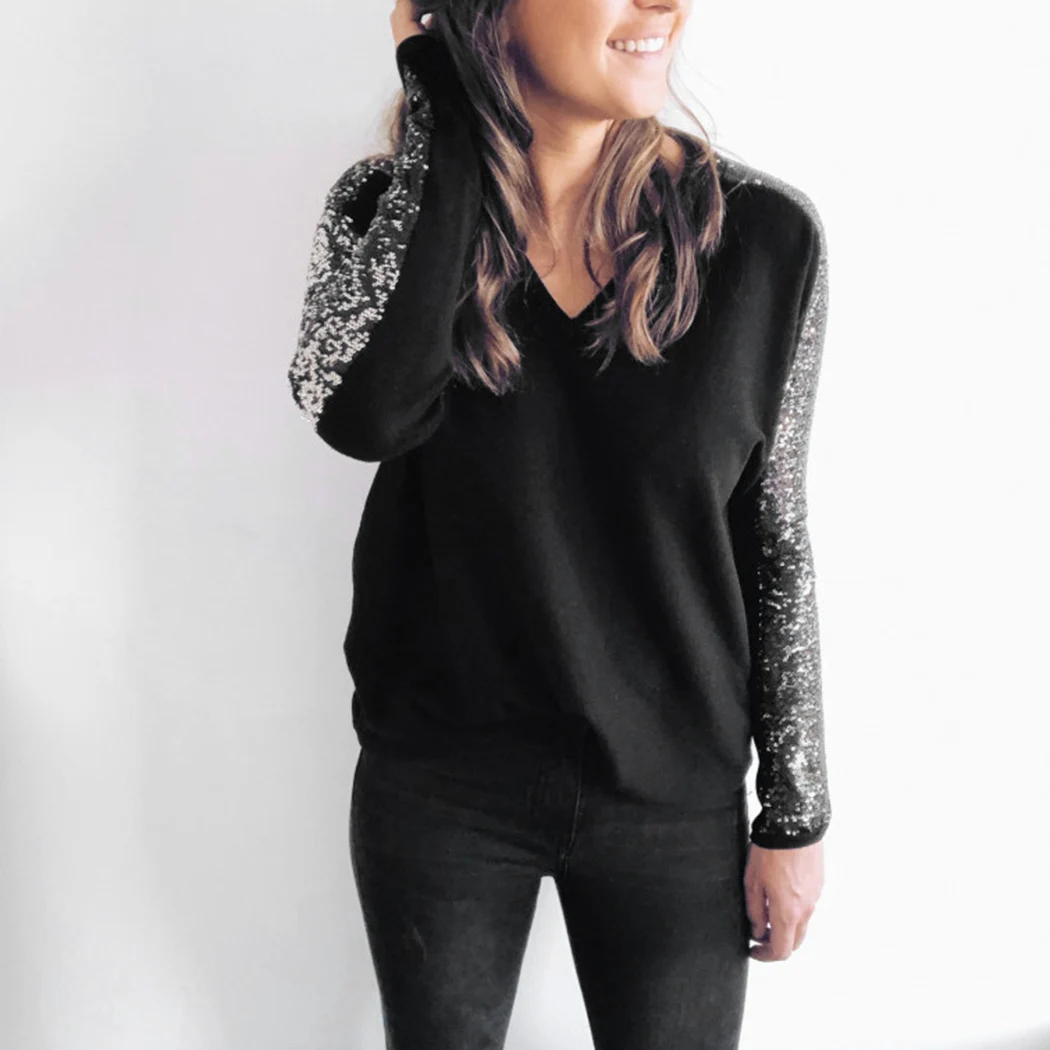 

Fashion Womens Tops And Blouses Long Sleevs Ladies Tops Shirts With Sequins V-Neck Casual Patchwork Tunic Top Plus Size Blusas