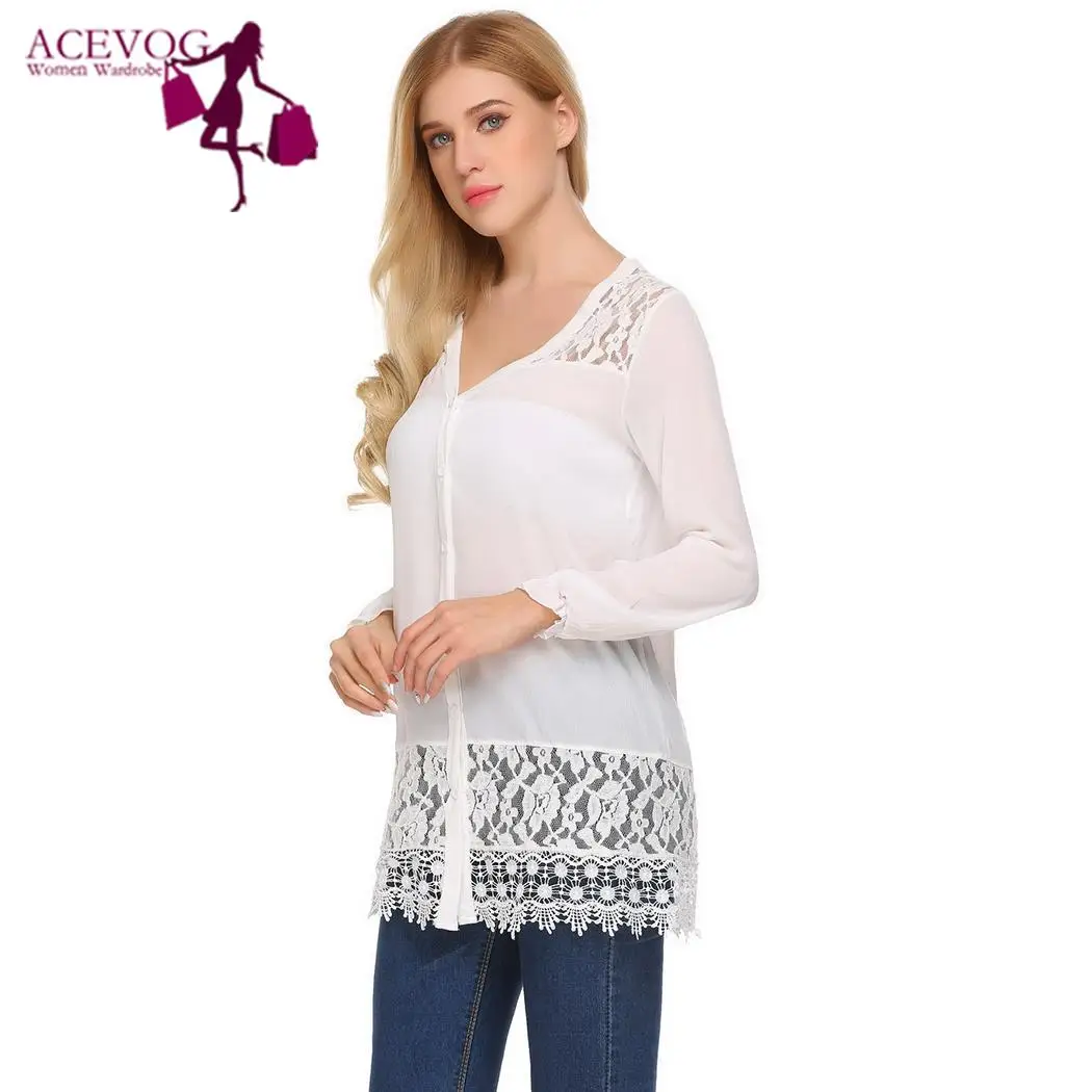 ACEVOG Women Lace T-Shirts Tops Spring Summer Casual V-Neck Long Sleeve Autumn Patchwork Elastic Ruffle Cuffs Sexy T-Shirts ACEVOG Women Lace T-Shirts Tops Spring Summer Casual V-Neck Long Sleeve Autumn Patchwork Elastic Ruffle Cuffs Sexy T-Shirts