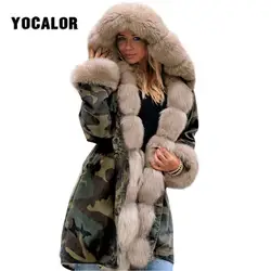 Камуфляж Теплая зимняя кофта женские длинные пальто с искусственным мехом парка для женщин; Большие размеры манто Femme шляпа верхняя одежда