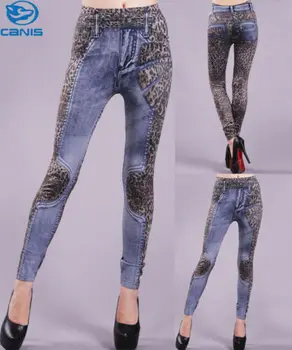 

Women High Waist Skinny Leopard Print Patchwork Denim Pants Slim Pencil Trousers Zipper Fly