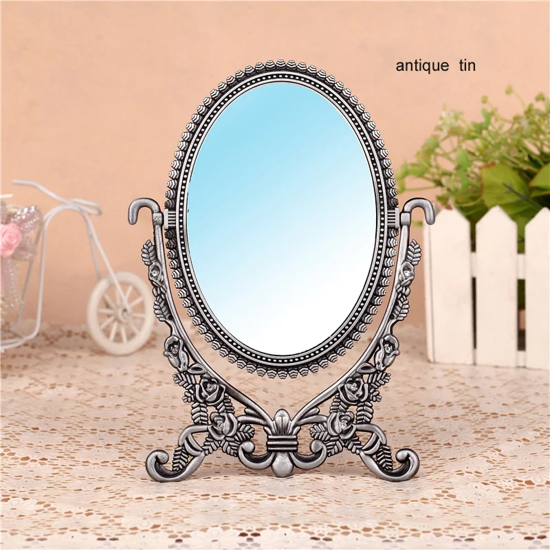 double-face retro bronze copper foldable alloy metal table makeup dresser desktop cosmetic decorative mirror embossed frame |
