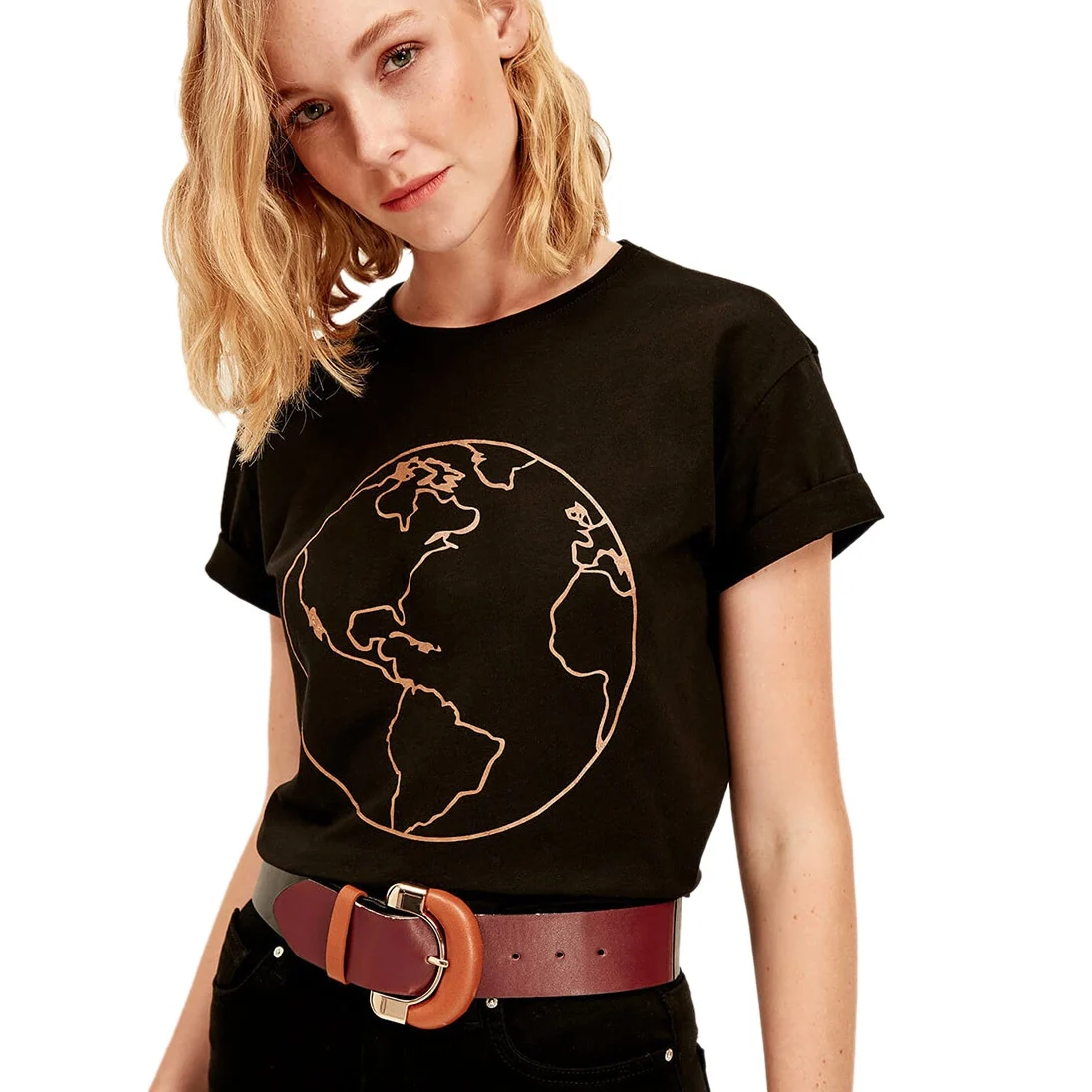 

Print Women Summer Casual Short Sleeve Shirt Slim Round Neck Top Fashion Black Women