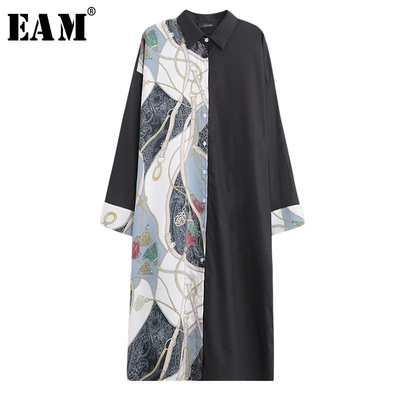 

[EAM] 2019 New Spring Summer Lapel Long Sleeve White One Side Pattern Printed Loose Personality Shirt Women Blouse Fashion JO378