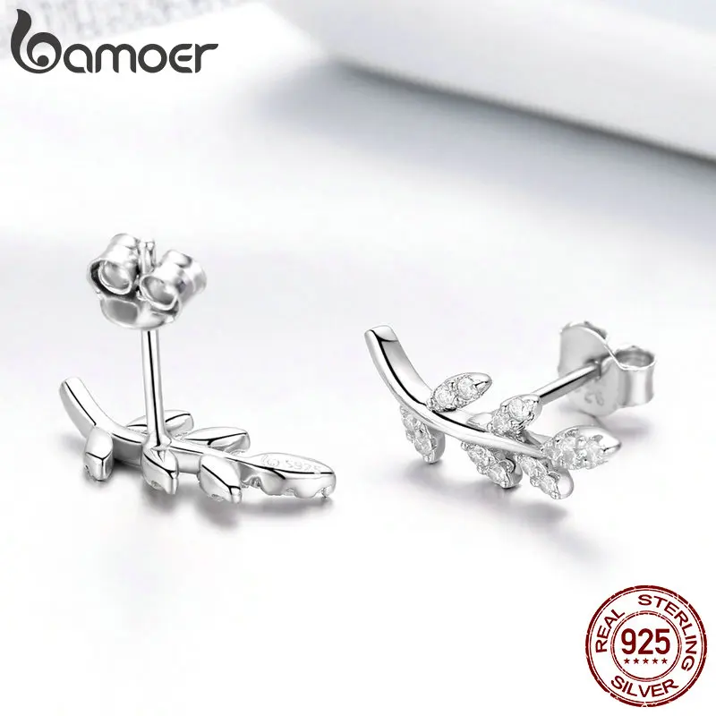 BAMOER Authentic 925 Sterling Silver Spring Leaf Leaves Clear CZ Zircon Stud Earrings for Women Fashion Earrings Jewelry BSE031