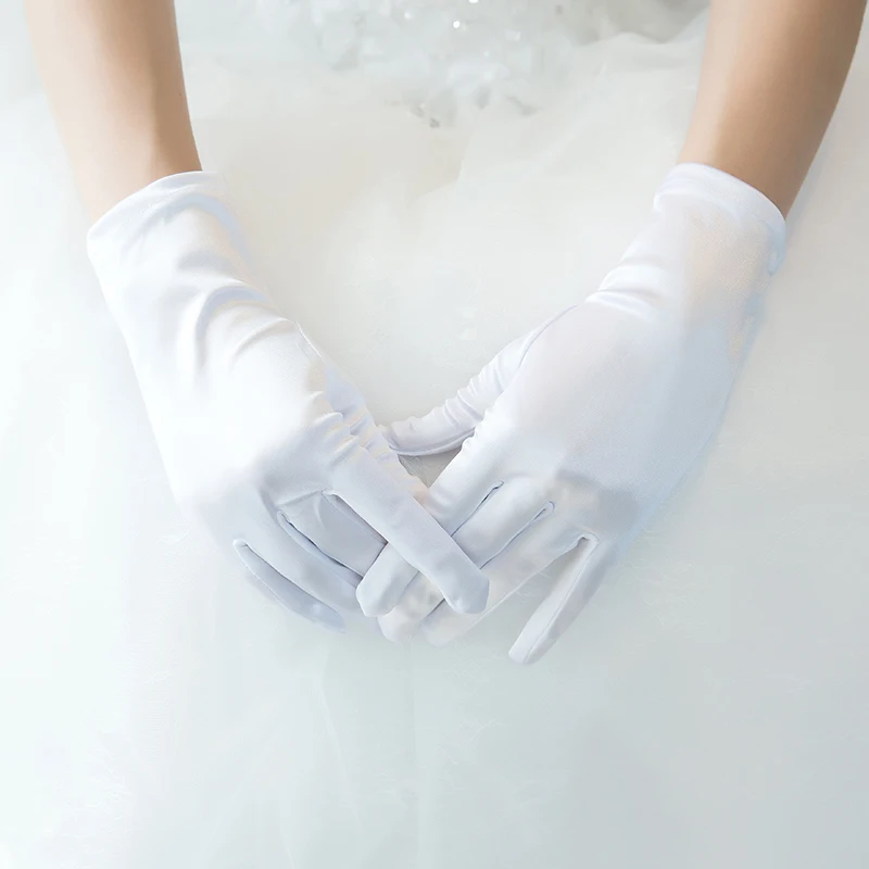 

Soft White Satin Gloves for Wedding Bridal Accessories Fashion Full Finger Short Wrist Female Glove Engagement Ornament Handmade