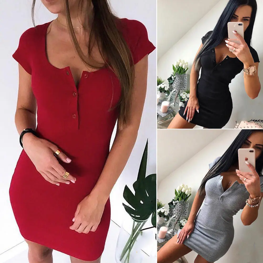 

Sexy Women's Party Evening Clubwear Bodycon Pencil V Collar Dress Short Sleeve Mini Dresses