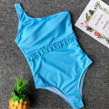 

Hirigin Sexy One Shoulder One Piece Swimwear Women 2019 Push Up Padded Swimsuit Women Bathing Suit Dot Pritned High Waist Bikini