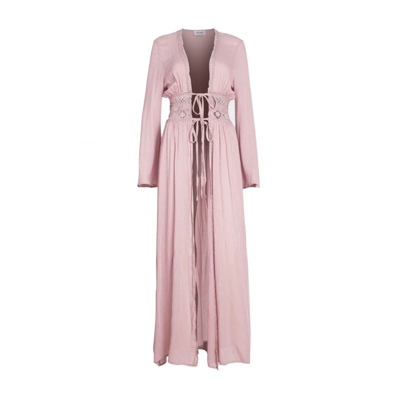 

Boho Women Nightwear Chiffon Floral Hollow Out Long Kimono Cardigans Lace Up Soft Robes Shawl Sleepwear For 3 Colors S-3XL