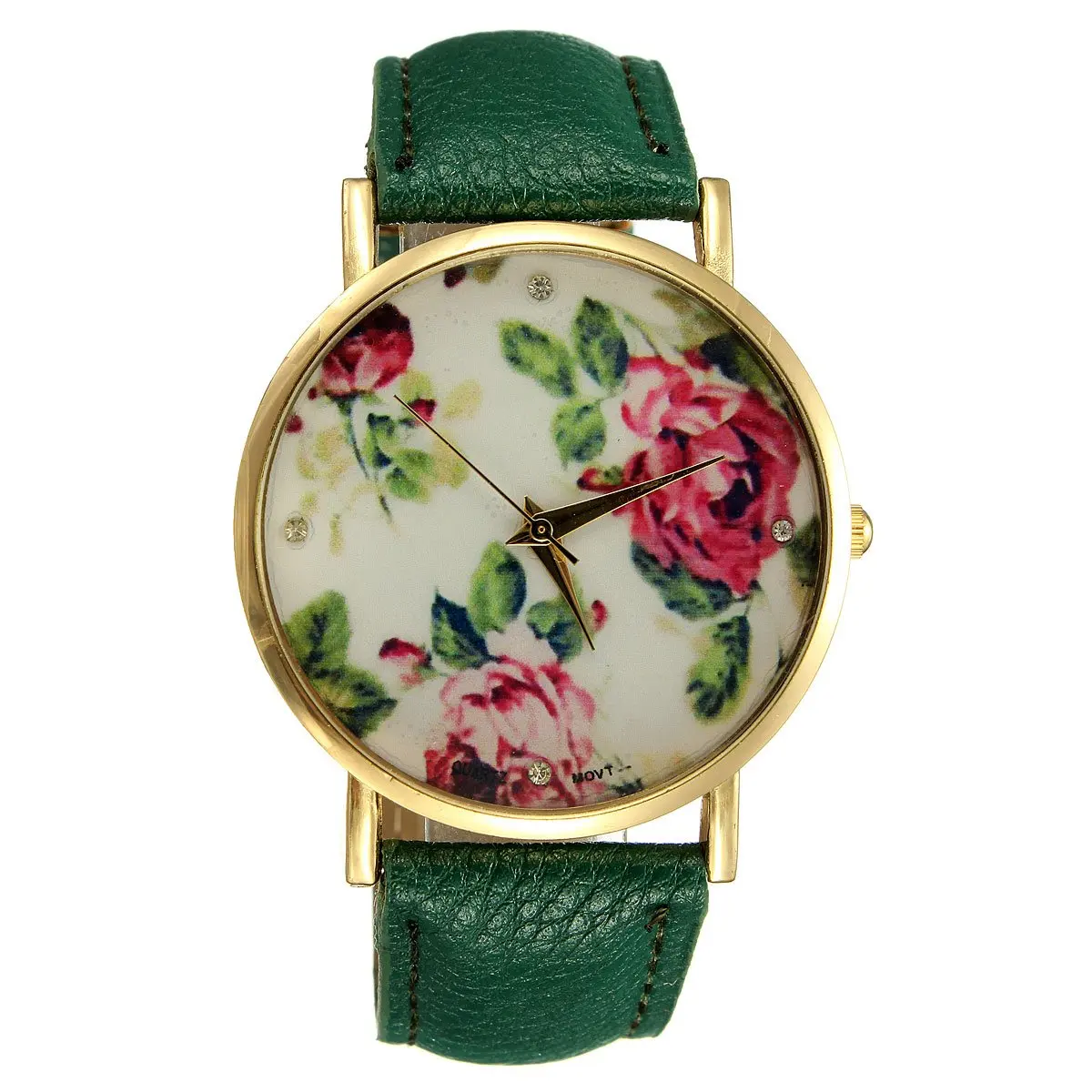 

Bracelet Watch Rose Flower Dial PU Leather Quartz Woman Jewelry Gift Wrist Watch Dark green