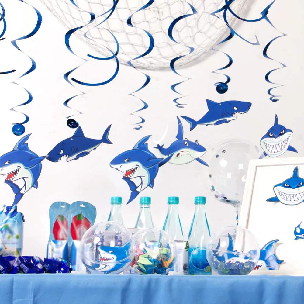 Cartoon Shark Birthday Party Decorations Boys Birthday Decor Supplies Shark Shape Hanging Swirls For Kids Happy Birthday Decor