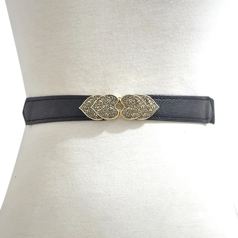 Women's Elastic Decorative Pattern Belt Gold Buckle Cummerbund Female
