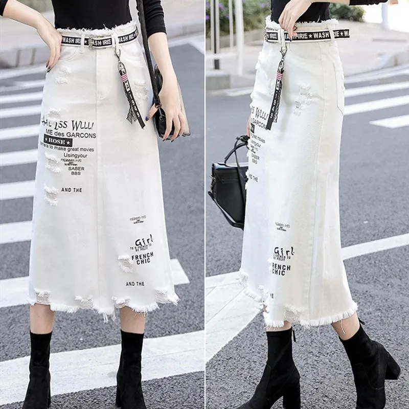 

2019 New Women Summer Fashion Casual High Waist Jeans Skirt Letter Hole White Package Hip Denim Skirt
