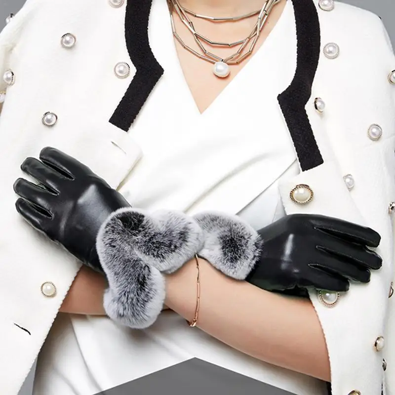 Winter Ladies Simulation Leather Simulation U-Shaped Mouth Touch Screen Gloves PU Warm Black Red Full Palm