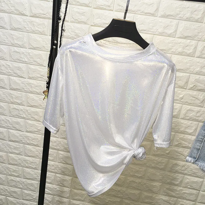 Новая популярная Мода ретро модная яркая шелковая блестящая Свободная Женская футболка Милая Футболка свободная Корейская уличная одежда женские топы AS630