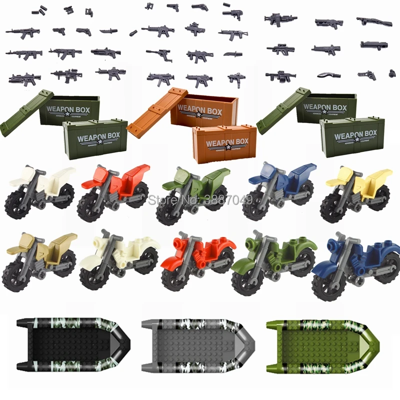 Блокировка военного спецназа MOC коробка оружия Мотоцикл лодка модель