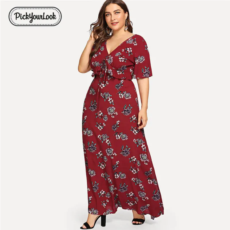 Pickyourlook Plus Size Dress For Women Summer Autumn Wine Red Female Robe Femme Floral Short Sleeve Lady Maxi Dresses Vestidos