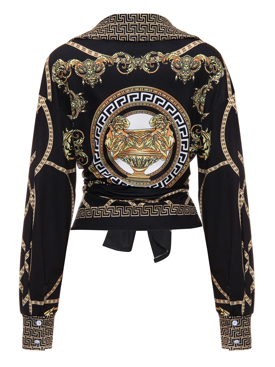 

Fashion Women Deep V Neck Full Long Sleeve Blouse Shirt Female Gold Chain Printed Party Tops New