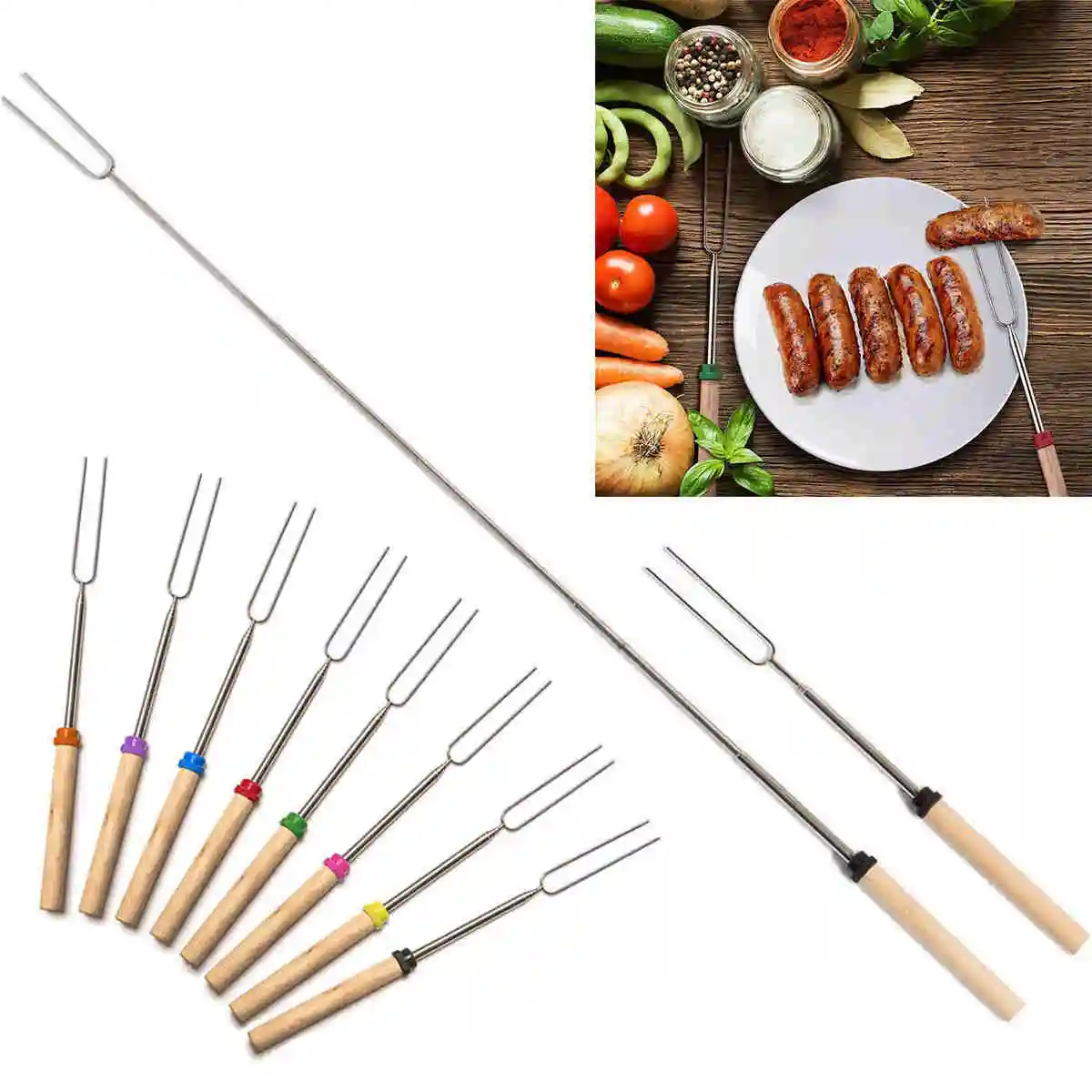 JX LCLYL 8 Pcs Teleskop BBQ Spieße Gabeln Edelstahl Sticks Grill Holzgriff Günstig
