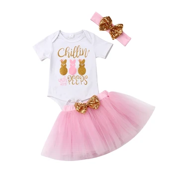 

3 pieces Short sleeve chillin with peeps Print Bodysuit,Tulle Skirt with Headband Set For Baby Girl Summer Clothes