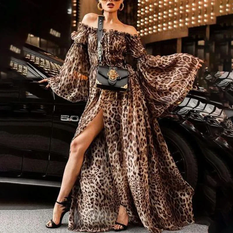 Сексуальное длинное платье с длинным рукавом леопардовое летнее вырезом