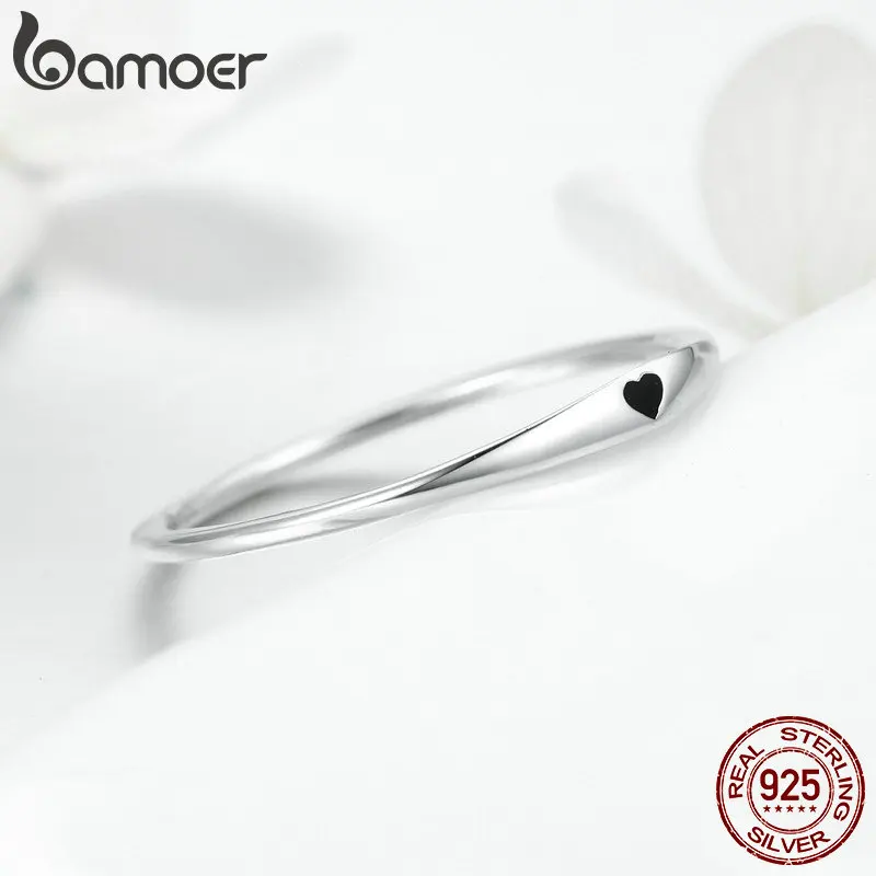 BAMOER 925 Sterling Silver Round Circle Pure Finger Ring Simple Heart Engrave Rings for Women Wedding Engagement Jewelry SCR468