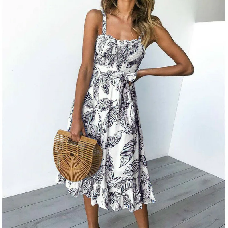

2019 Summer Boho Tropical Leaf Print Ruffle Midi Dress Summer Casual Sleeveless Spaghetti Strap High Waist Beach Dress