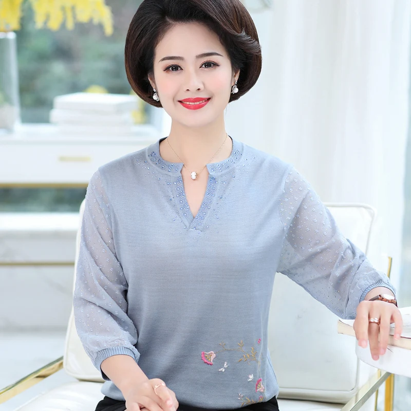 Middle Aged Women Sexy Sweaters V-neck 3/4 Sleeve Slim Tops Thin Knitted Jumpers Floral Embroidery Pullovers Plus Size 4XL