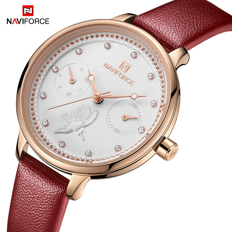 Goedkoop NAVIFORCE Kersenbloesems Elegante Vrouwen Horloge Lederen Band Exquisite Quartz Polshorloge Dames Uurwerken Klok Relogio Feminino