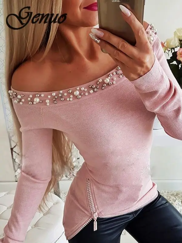 

Women Off Shoulder Beading Blouses Shirt Slim Fit Long Sleeve Spring Autumn Solid New Design Zipper Blusas Shirt Tops