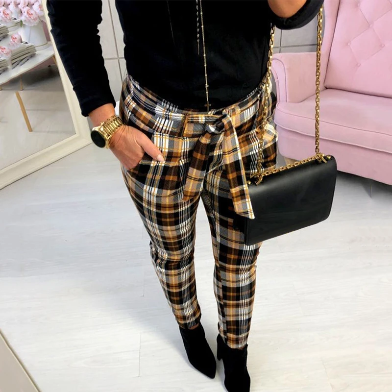 New Women Fashion Plaid Printed Slim Pencil Pants Trousers Britches With Belt New Women Fashion Plaid Printed Slim Pencil Pants Trousers Britches With Belt