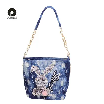 

qian yi yuan bucket bag ladies washed denim bag for women's bags small handbag female shoulder crossbody bag blue tote