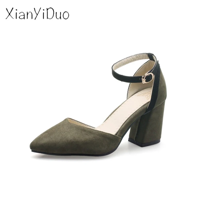 

xianyiduo 2019 new Summer Fashion party Womens shoes Close toe Pointed Toe Block Heels sandals sexy large Size Army Green /k3