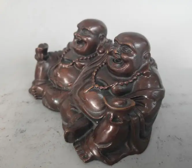 

Collectable Chinese Brass Carved Twins Maitreya Buddha Happy Buddha Exquisite Small Statues