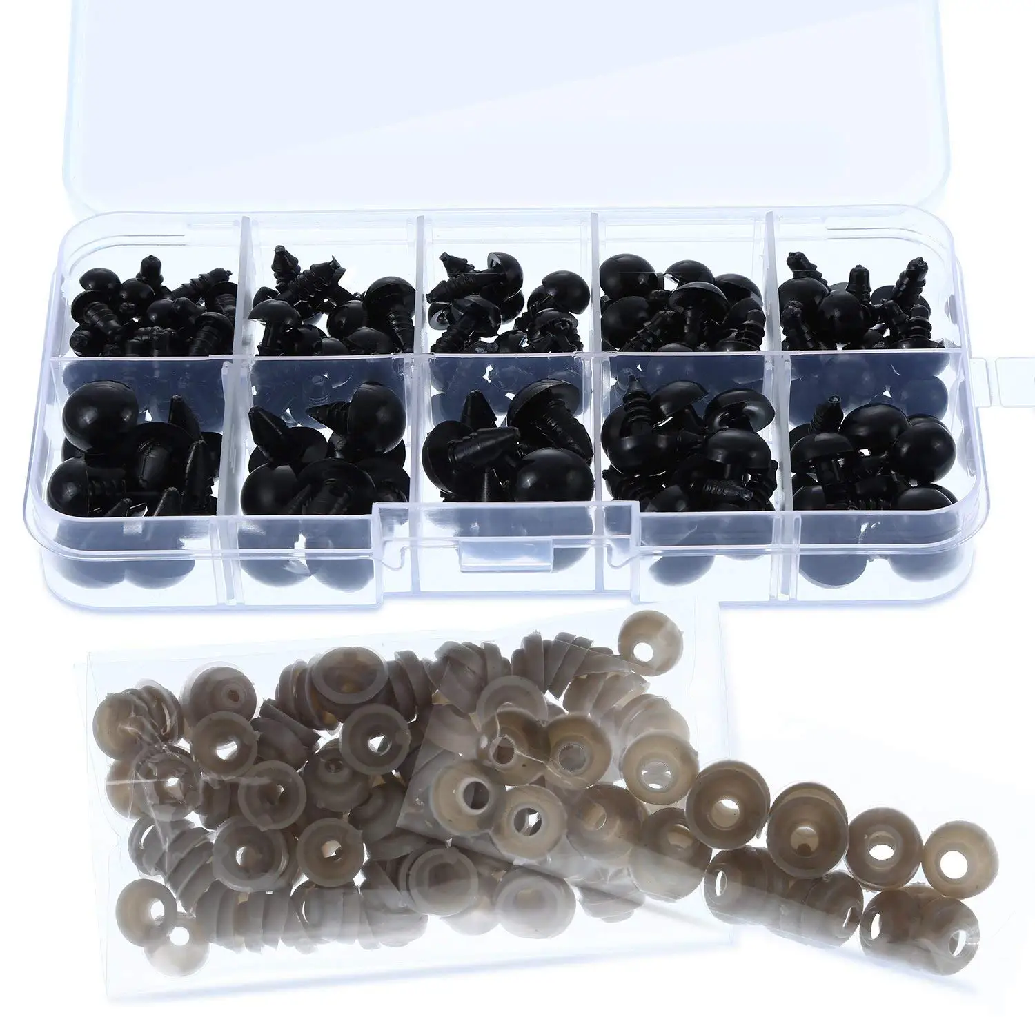 

142 Pieces Black Plastic Safety Eyes Craft Eyes with 142 Pieces Washers and Storage Box for Toys Dolls Making, 5 Sizes