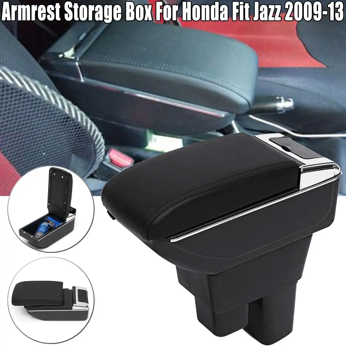

Black ABS Leather Armrest Center Console Storage Box Tray Leather Fit For Honda Fit Jazz 2009 2010 2011 2012 2013