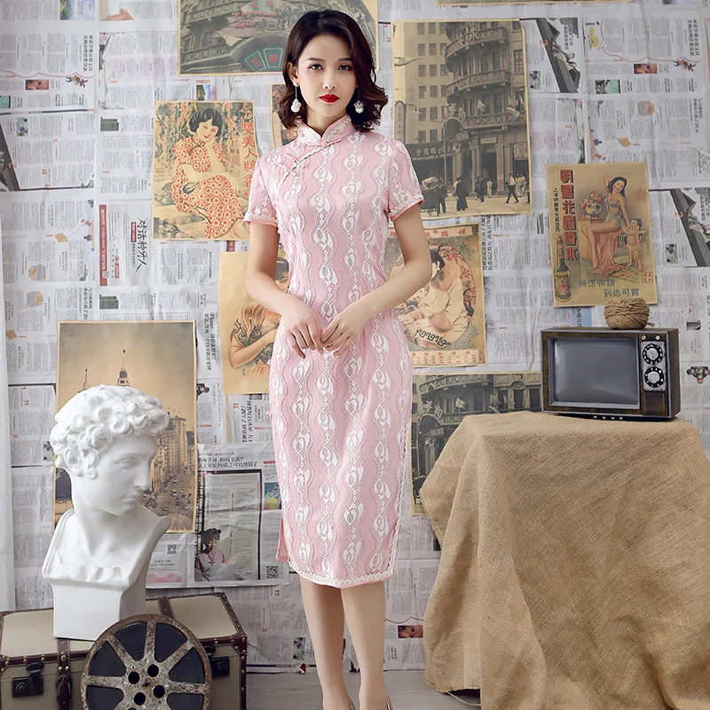 Sheng Coco розовое китайское платье Cheongsam Qipao кружевное традиционное Chipao элегантное