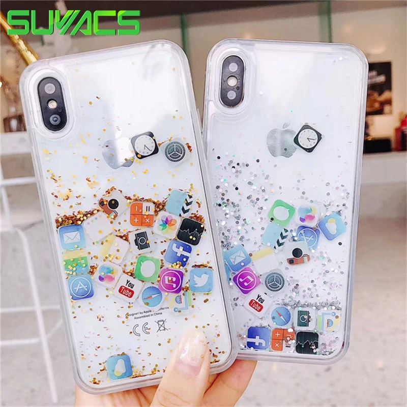 

SUYACS Phone Case For iPhone XR XS Max 6 6S 7 8 Plus X Hot Liquid Glitter App Quicksand Soft Graphic Phone Back Cover Cases