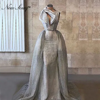 

Abendkleider Silver Evening Dress With Detachable Train Long Prom Dresses 2019 Arabic Dubai Robe De Soiree Party Gowns Custom