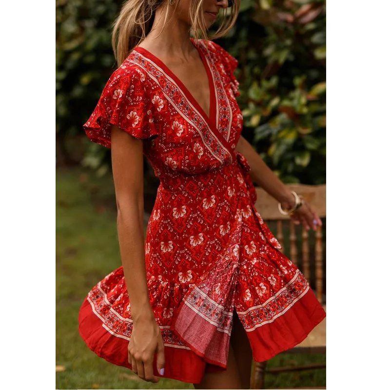 

Boho Floral Mini Dress Women Print Hollow Out V Neck Short Sleeve Short Dress Ruffles Ladies Summer Sundress Holiday