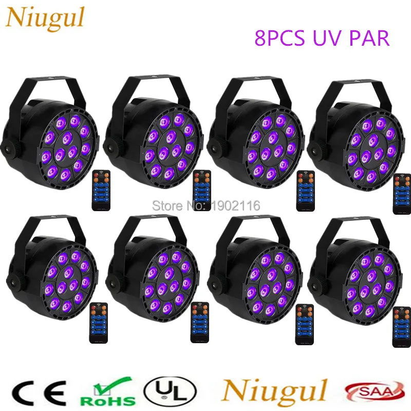 

8pcs/lot With Remote Control UV LED Stage Lights 36W Ultraviolet LED Par Light Purple LED Lamp Disco Home Party Effect Lighting